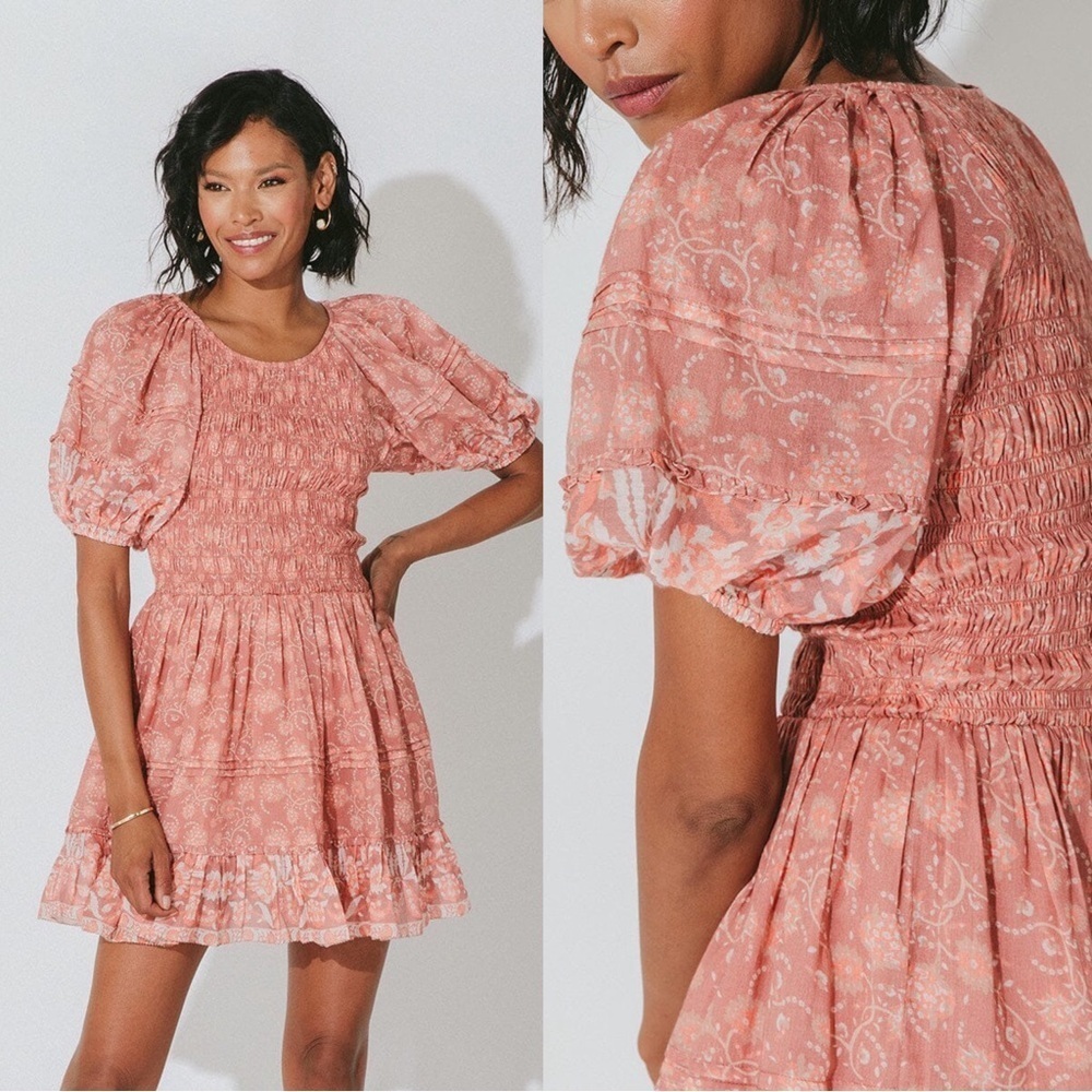 Cleobella • Mina Mini Dress pink floral organic cotton puff sleeve ruffle smock